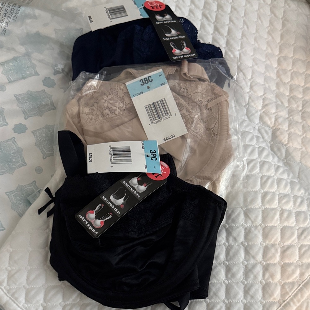 Lilyette Lace Bras in Dark Blue, Light Beige, and Black